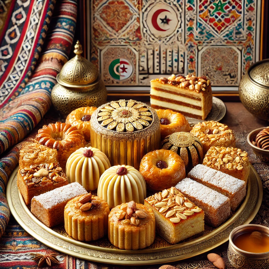 A beautifully arranged assortment of traditional Algerian pastries on an elegant platter. The setup includes gâteaux such as Makrout with honey glaze,